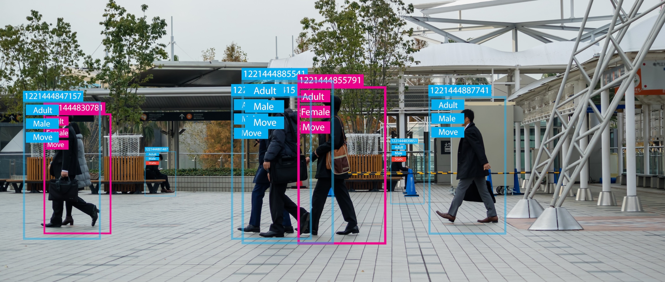 Computer vision software labels pedestrians walking across a plaza