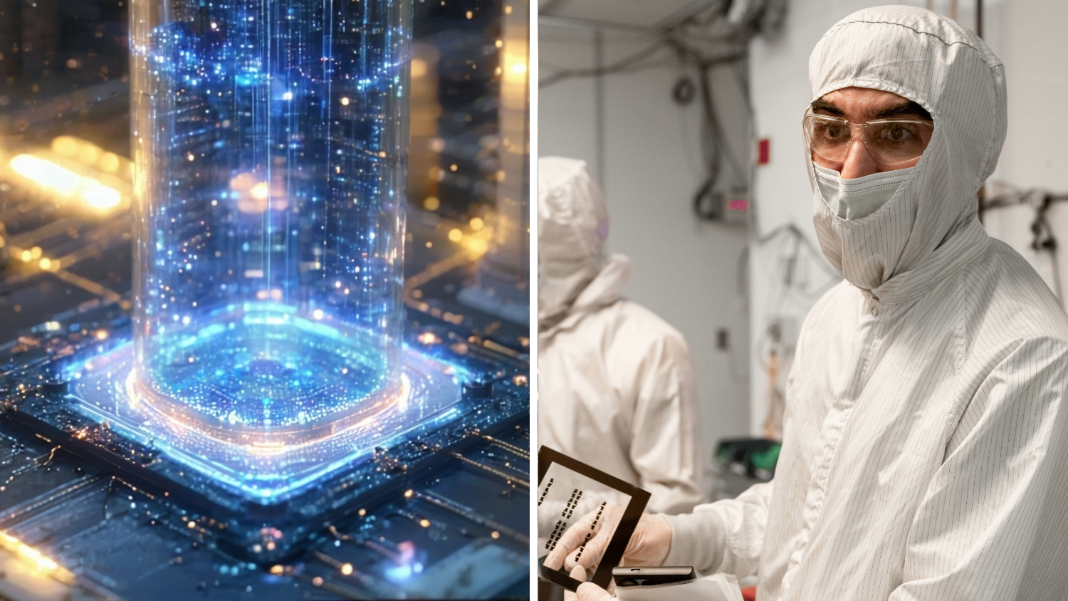 A two part image. On the left, a futuristic technology concept and on the right, a scientist in cleanroom suit inspecting microchip