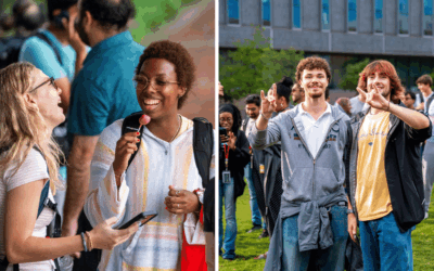 Students enjoying campus life, smiling and socializing outdoors, capturing a vibrant academic community spirit.