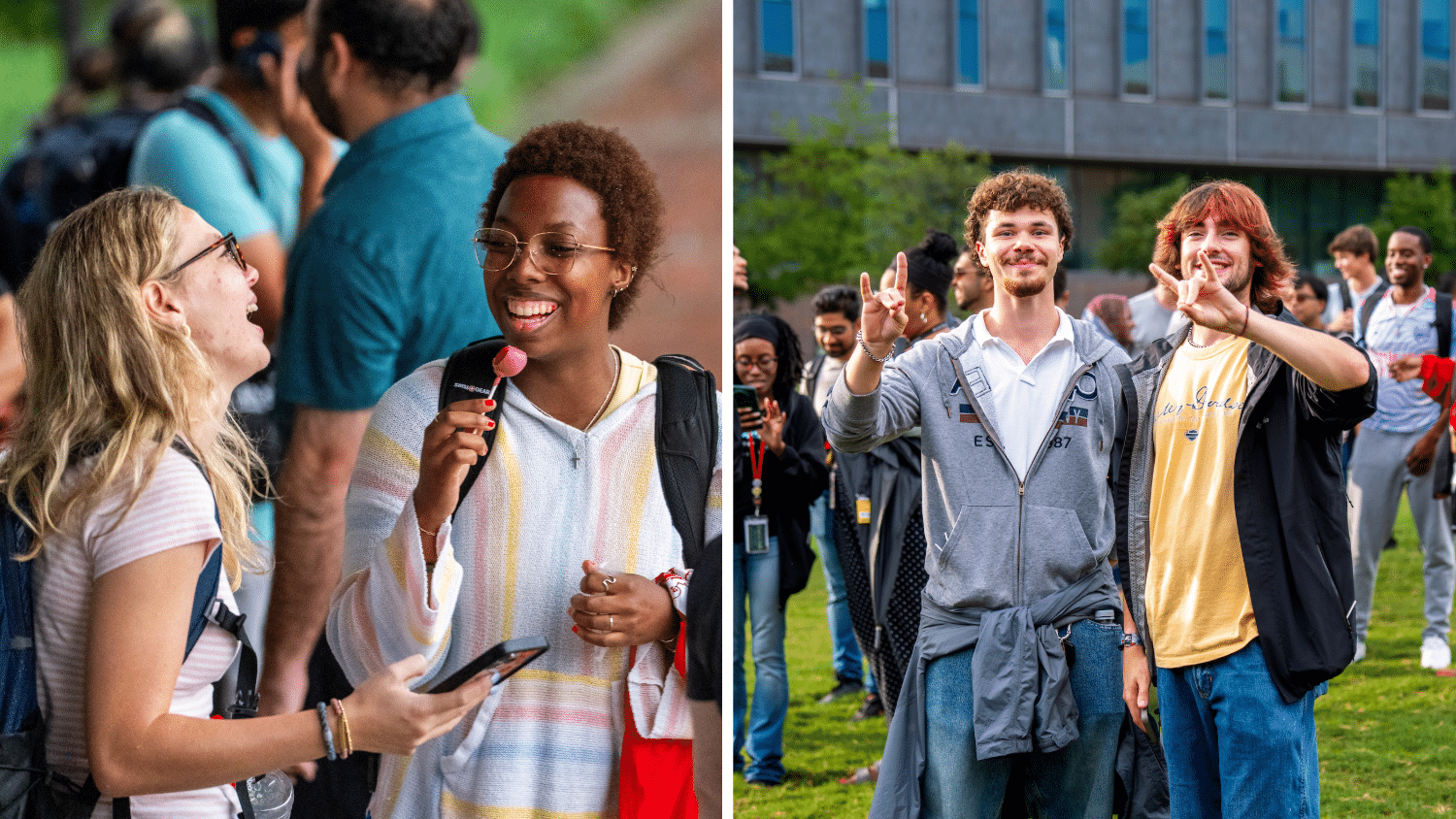 Students enjoying campus life, smiling and socializing outdoors, capturing a vibrant academic community spirit.