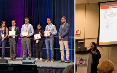 Award ceremony and presentation at IEEE Quantum Week. Group holding certificates; speaker presents on Gaussian signaling.